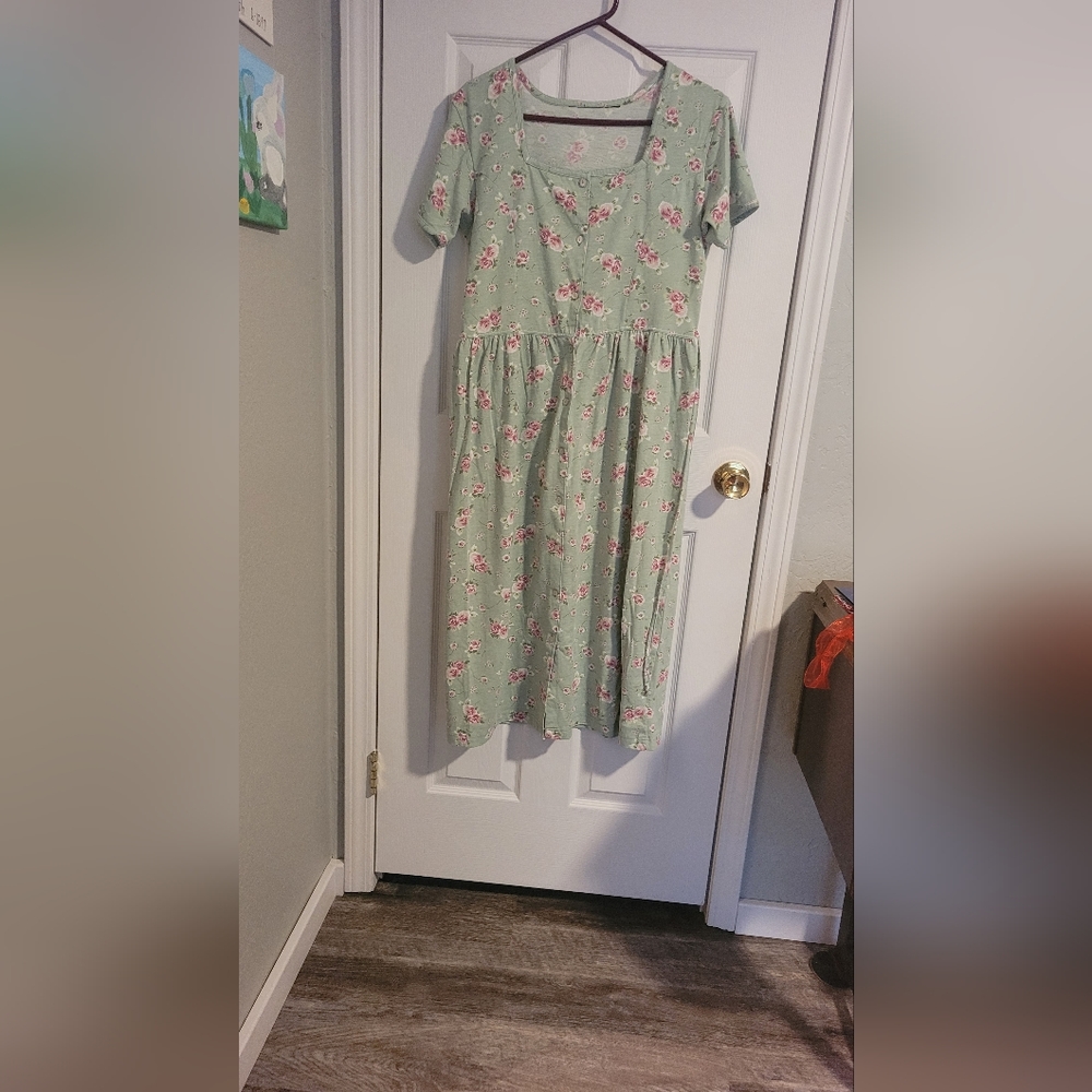 Women's sage green, floral, square neck dress